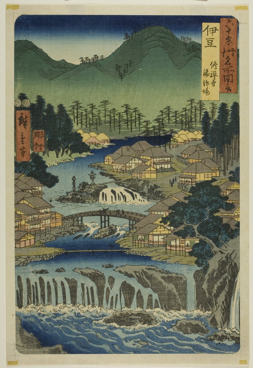 Provincie Izu: Horké prameny chrámu Šuzen (Izu, Šuzendži tódžibá), ze série "Slavná místa v šedesáti provinciích (Rokujuyoshu meisho zue)". od Utagawa Hiroshige