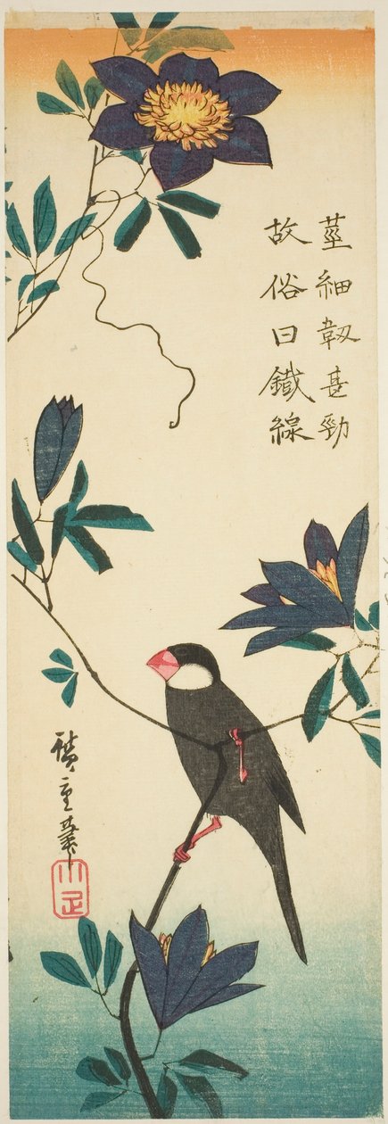 Jávský vrabec a plamének od Utagawa Hiroshige