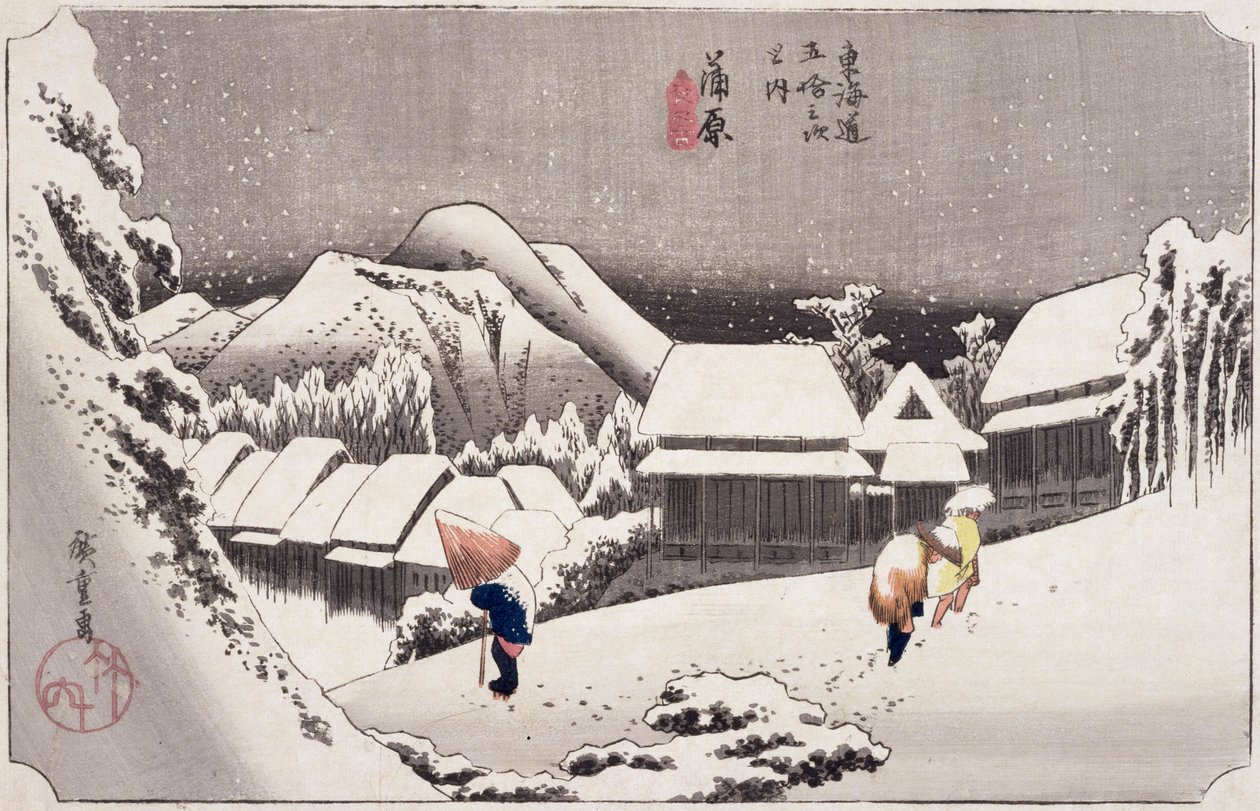Kambara, z padesáti tří stanic na Tokaidské dálnici kolem roku 1834 (barevný tisk ze dřeva) od Utagawa Hiroshige