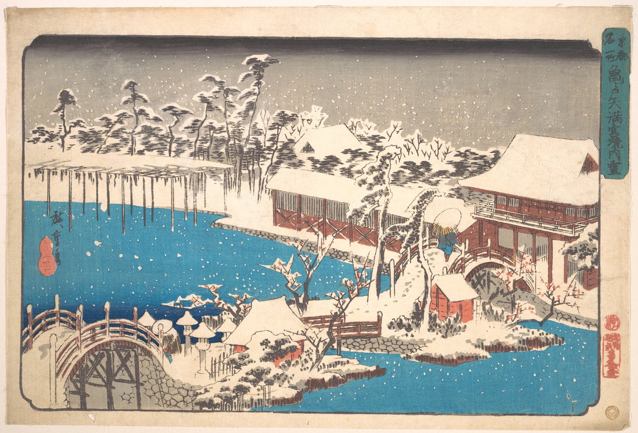 Sníh v areálu svatyně Kameido Tenmangu od Utagawa Hiroshige