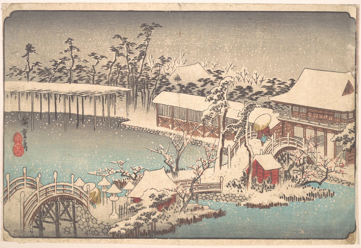 Sníh v areálu svatyně Kameido Tenmangū od Utagawa Hiroshige