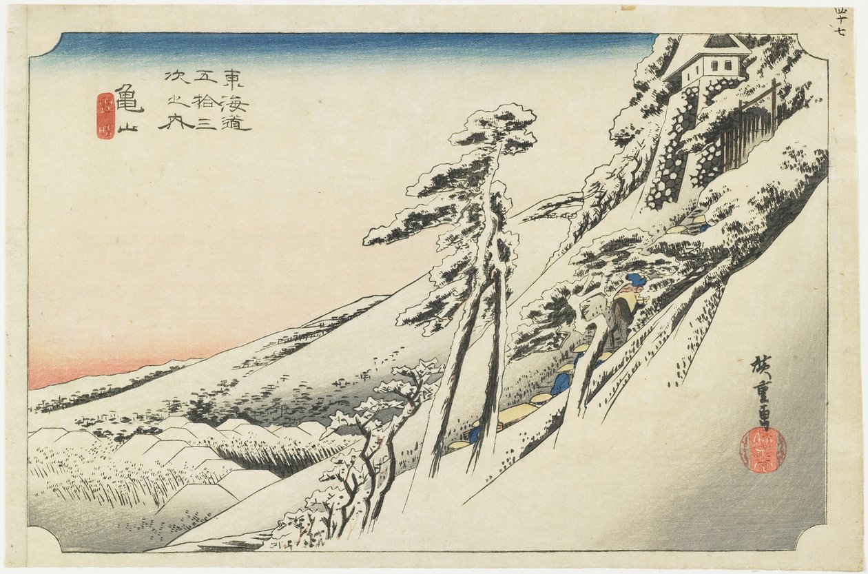 Kameyama – Jasné počasí po sněhu, kolem roku 1833 od Utagawa Hiroshige
