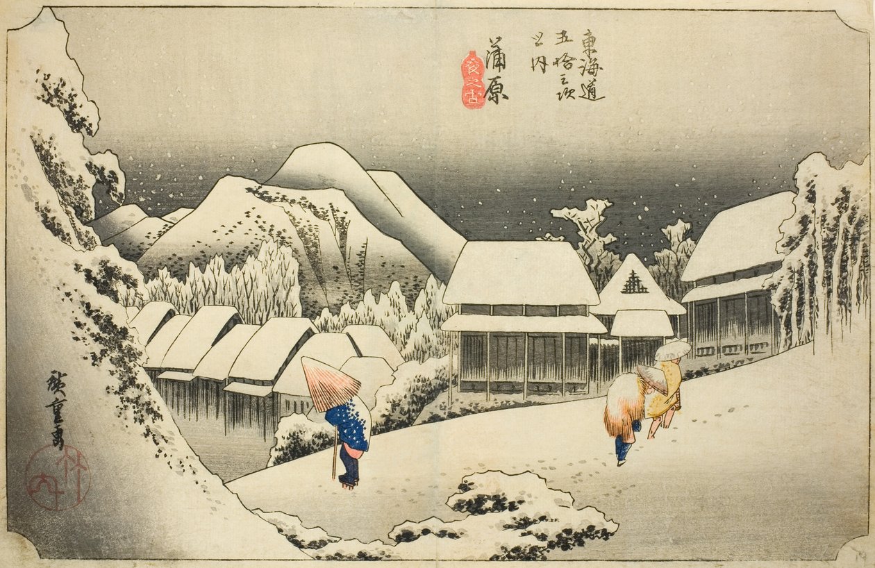 Kanbara: Večerní sníh (Kanbara, yoru no yuki), ze série "Padesát tři stanic Tokaida (Tokaido gojusan tsugi no uchi)", také známý jako Hoeido Tokaido od Utagawa Hiroshige