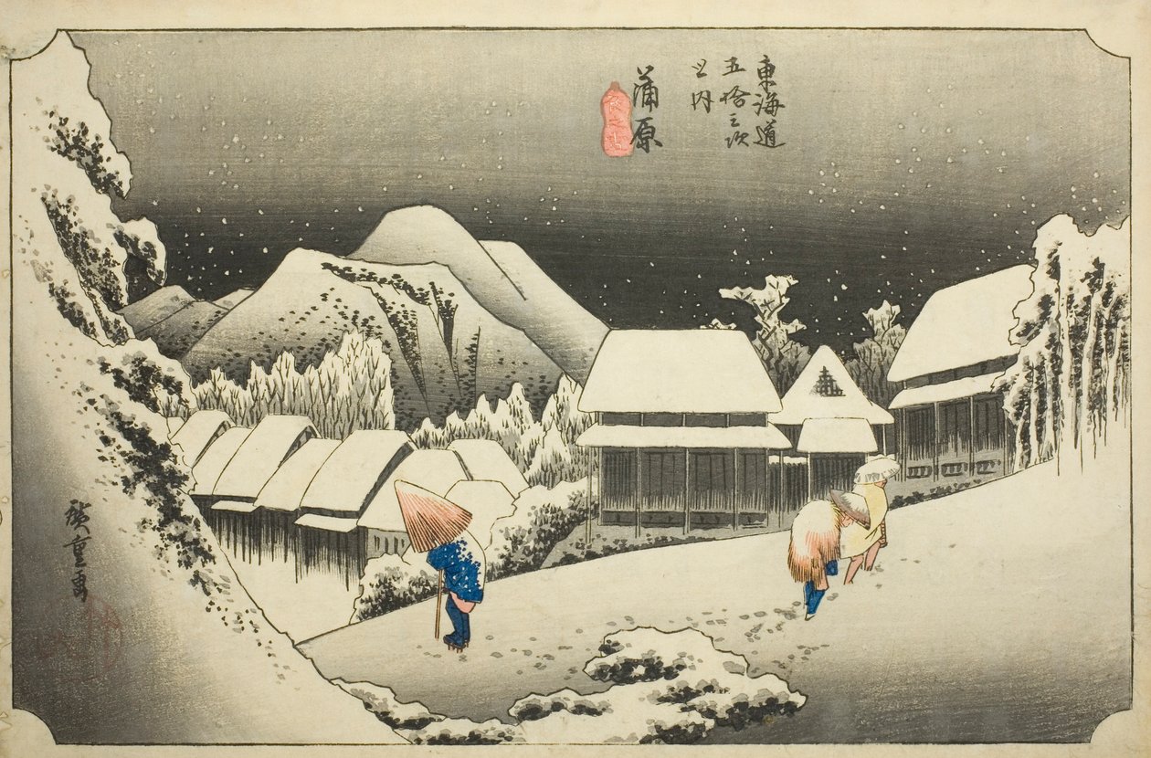Kanbara: Večerní sníh (Kanbara, yoru no yuki), ze série "Padesát tři stanic Tokaida (Tokaido gojusan tsugi no uchi)", také známý jako Hoeido Tokaido od Utagawa Hiroshige