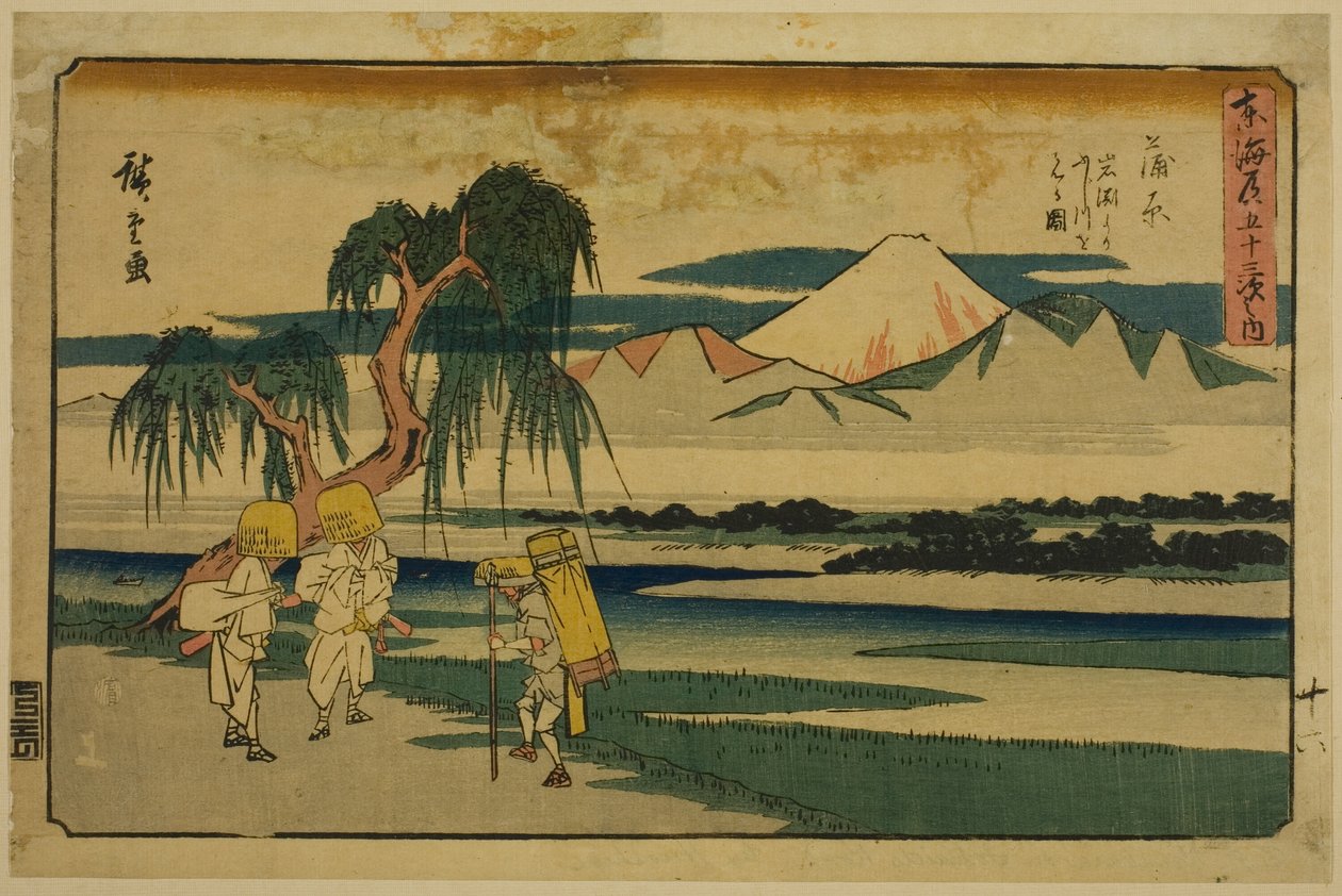 Kanbara: Pohled na řeku Fudži z Iwafuchi (Kanbara, Iwafuchi yori Fujikawa o miru zu), ze série „Padesát tři stanic Tokaida (Tokaido gojusan tsugi no uchi), také známé jako Gyosho Tokaido od Utagawa Hiroshige