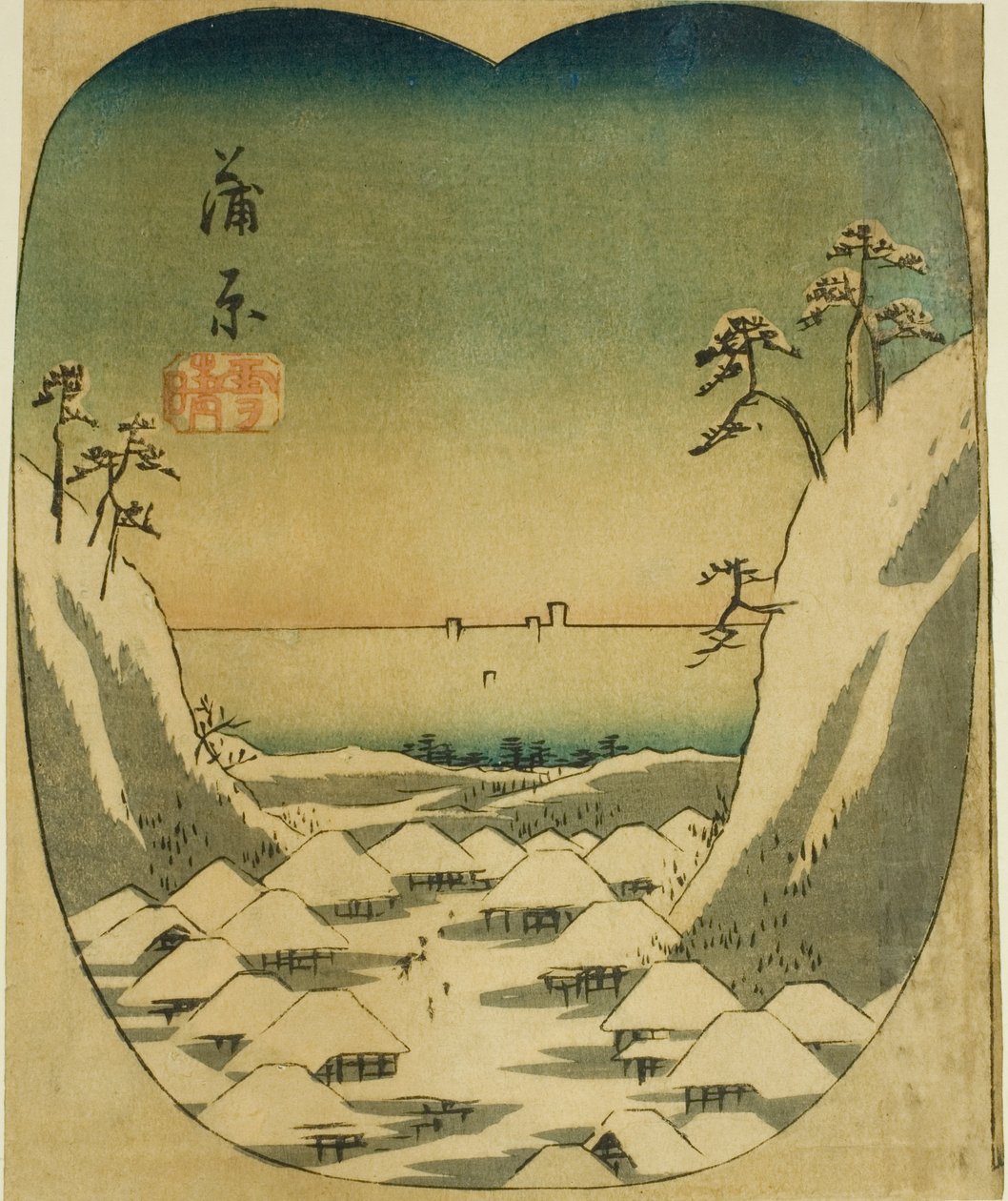 Kanbara, oddíl listu č. 4 ze série "Vystřihovánky z padesáti tří stanic (Gojusan tsugi harimaze)" od Utagawa Hiroshige