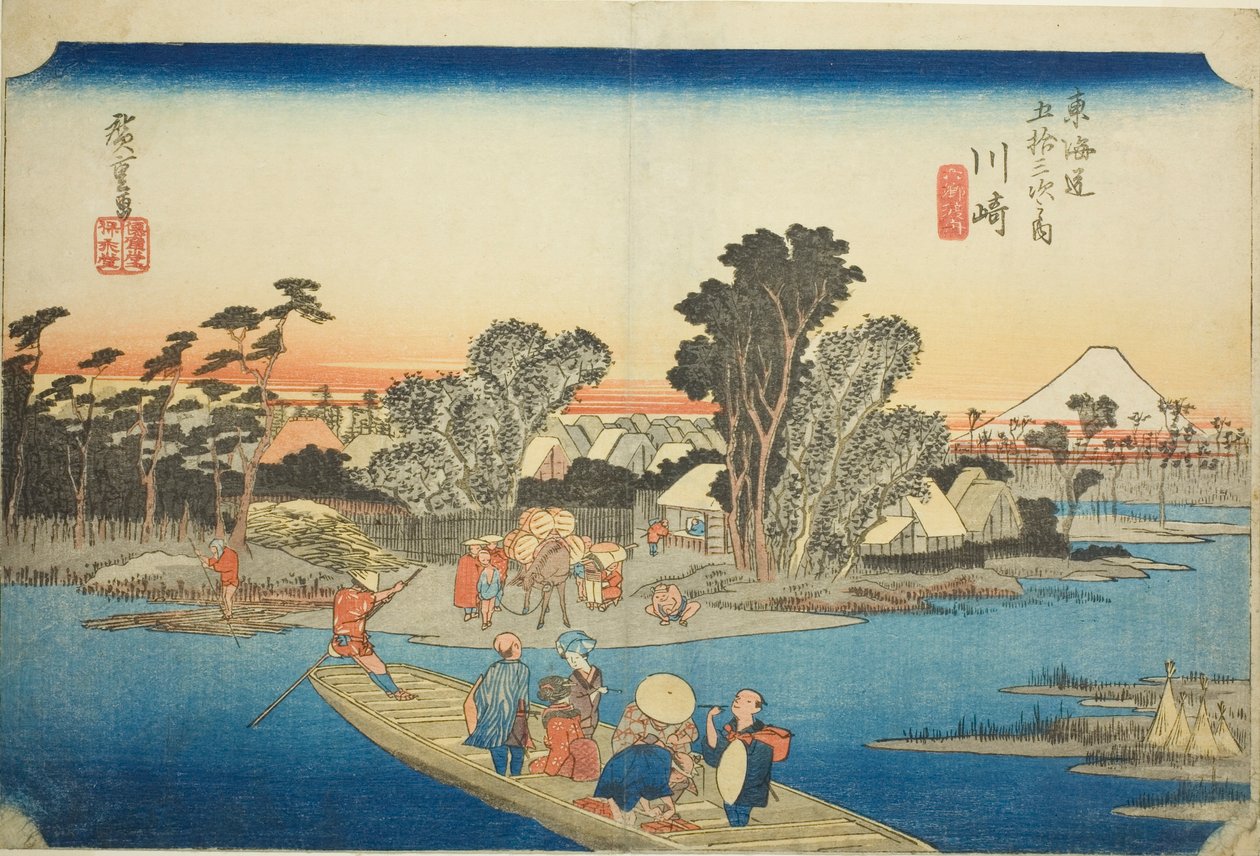 Kawasaki: The Rokugo Ferry (Kawasaki, Rokugo watashibune), ze série „Padesát tři stanic Tokaida (Tokaido gojusan tsugi no uchi), také známé jako Hoeido Tokaido od Utagawa Hiroshige