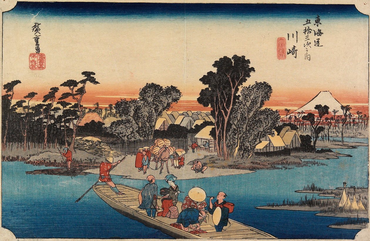Kawasaki: Přívoz Rokugō od Utagawa Hiroshige