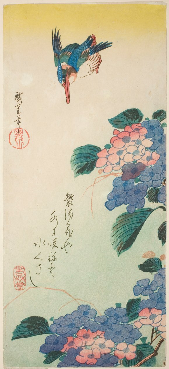 Ledňáček říční a hortenzie od Utagawa Hiroshige
