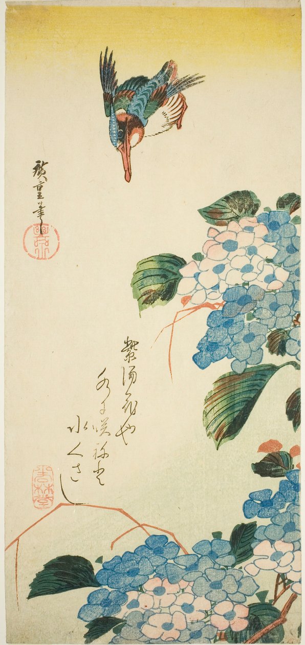 Ledňáček říční a hortenzie od Utagawa Hiroshige