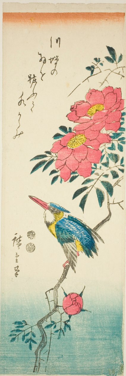 Ledňáček říční a růže od Utagawa Hiroshige