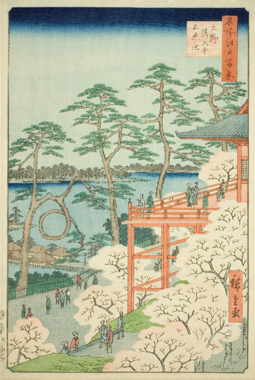 Síň Kiyomizu a rybník Shinobazu v Uenu (Ueno Kiyomizudo Shinobazu no ike), č. 11 ze série "Sto slavných pohledů na Edo (Meisho Edo hyakkei)". od Utagawa Hiroshige