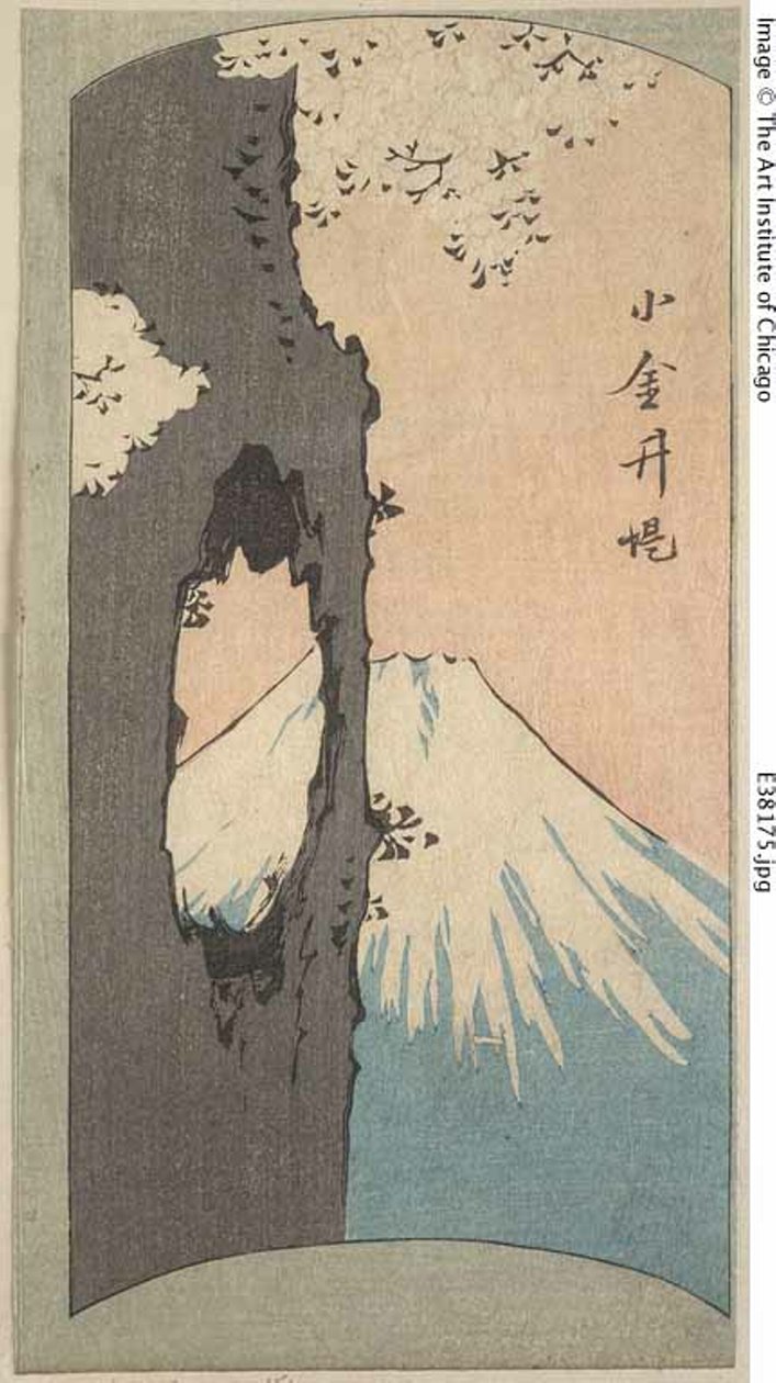Koganei, část listu ze série "Vystřižené obrázky slavných míst v Edo (Edo meisho harimaze zue)" od Utagawa Hiroshige