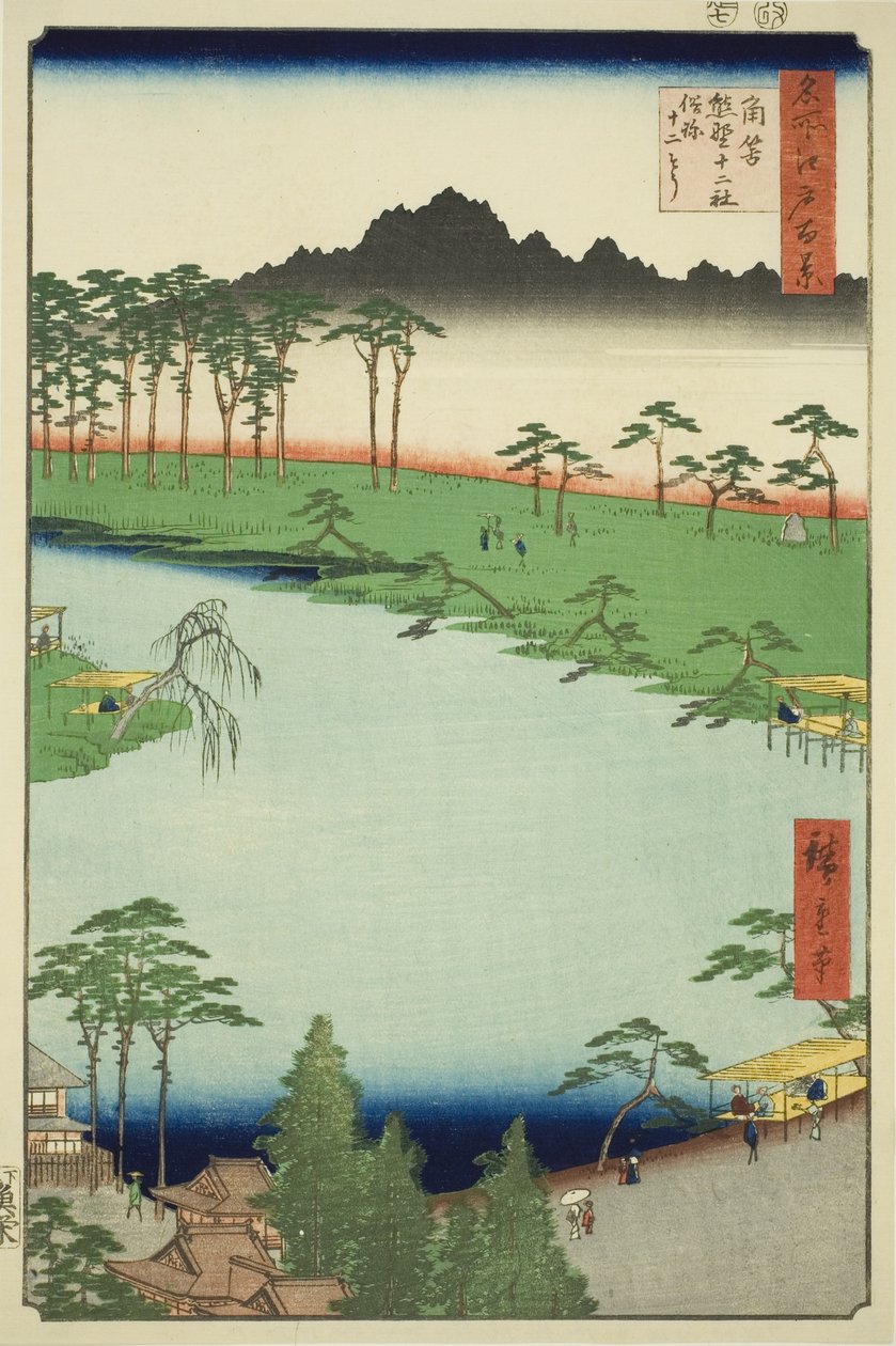 Svatyně Kumano Junisha v Tsunohazu, známá jako Juniso (Tsunohazu Kumano Junisha, zokusho Juniso), ze série „Sto slavných pohledů na Edo (Meisho Edo hyakkei)“ od Utagawa Hiroshige