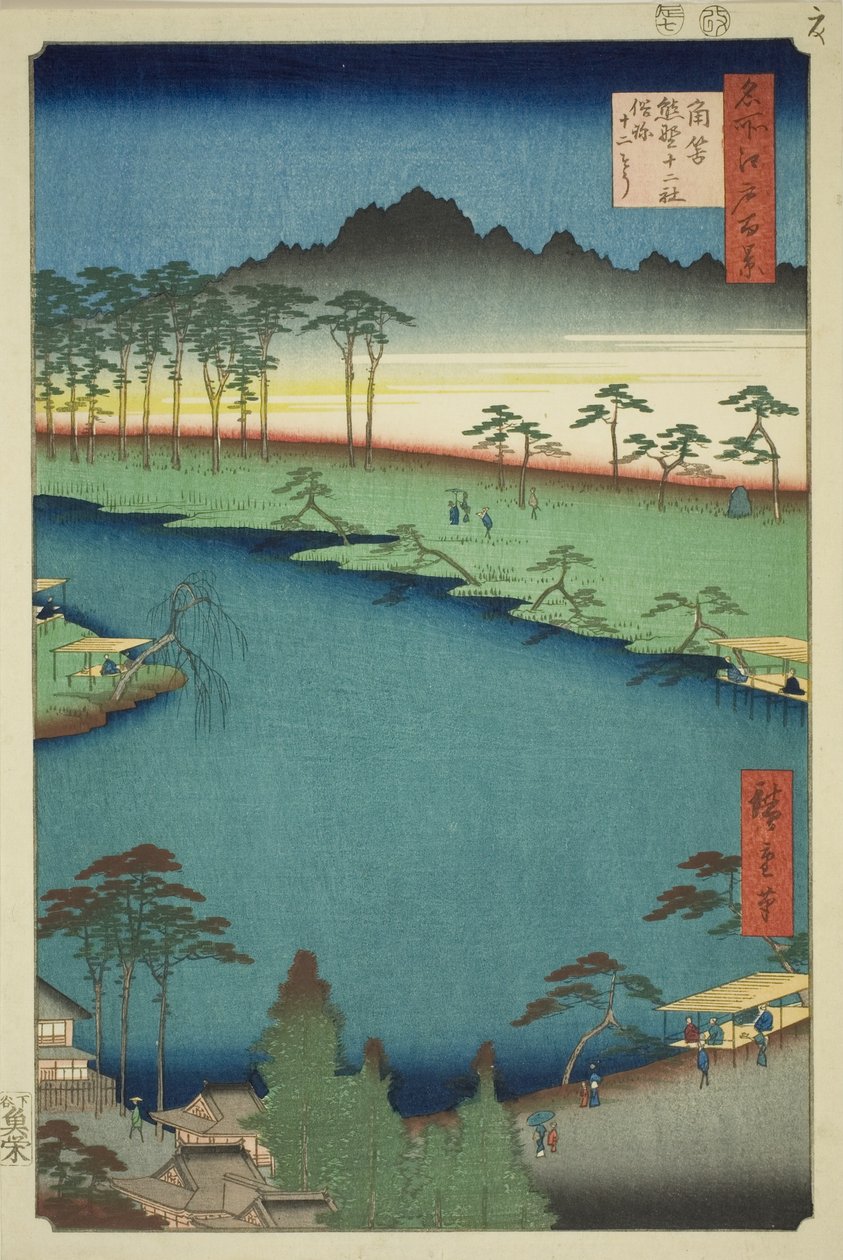 Svatyně Kumano Junisha v Tsunohazu, známá jako Juniso (Tsunohazu Kumano Junisha, zokusho Juniso), ze série „Sto slavných pohledů na Edo (Meisho Edo hyakkei)“ od Utagawa Hiroshige