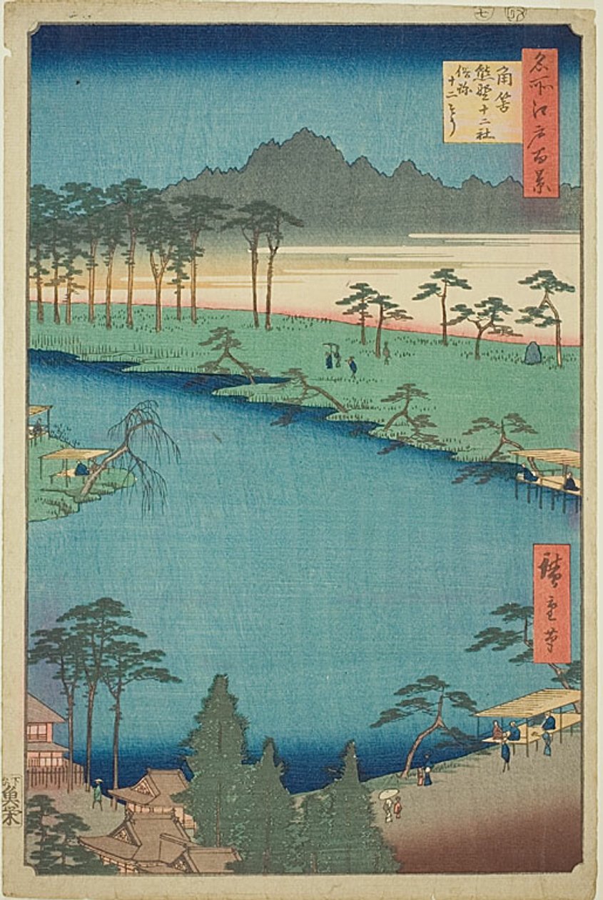 Svatyně Kumano Junisha v Tsunohazu, známá jako "Juniso" (Tsunohazu Kumano Junisha zokusho Juniso), č. 50 ze série "Sto slavných pohledů na Edo (Meisho Edo hyakkei)". od Utagawa Hiroshige