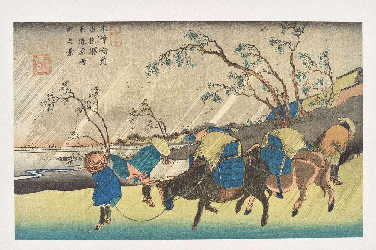 Kutsukake: Pohled na déšť nad planinou Hiratsuka ze série „69 stanic Kisokaidó“ od Utagawa Hiroshige