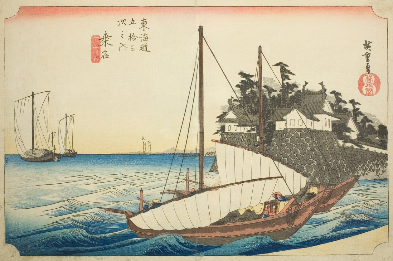 Kuwana: The Landing of Shichiri Ferry Crossing (Kuwana, Shichiri watashiguchi), ze série "Padesát tři stanic Tokaida (Tokaido gojusan tsugi no uchi)", také známé jako Hoeido Tokaido od Utagawa Hiroshige