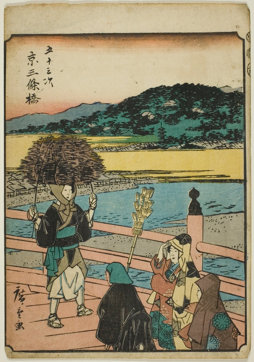 Kyoto: Most Sanjo (Kyo, Sanjobashi), ze série "Padesát tři stanic [Tokaidó] (Gojusan tsugi)", také známý jako Figurové Tokaido (Jinbutsu Tokaido) od Utagawa Hiroshige