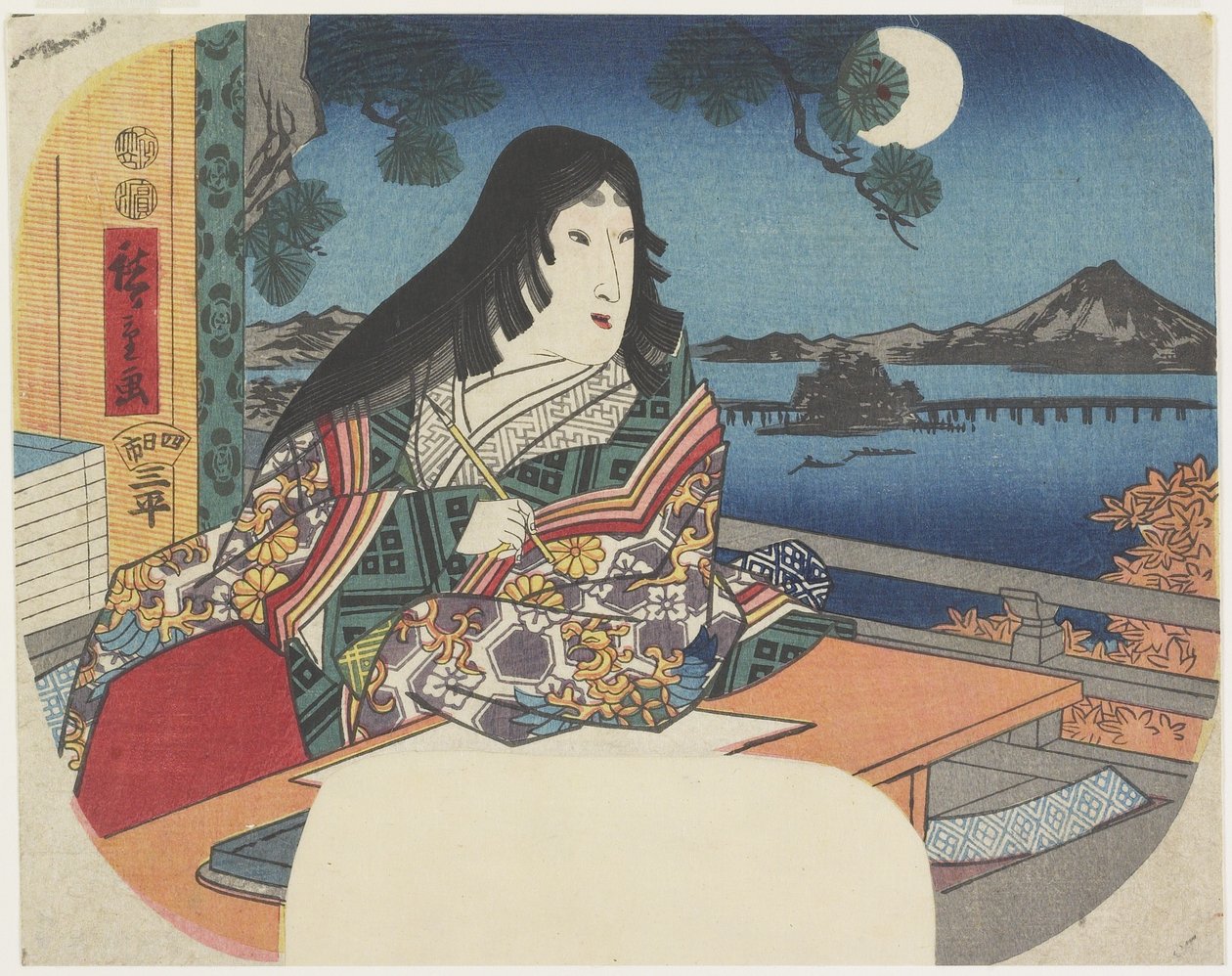 Paní Murasaki v chrámu Ishiyamadera, 1847-1848 od Utagawa Hiroshige