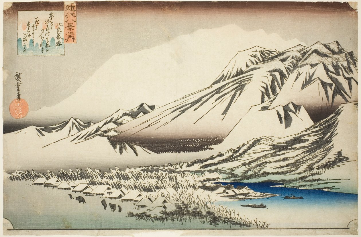 Přetrvávající sníh na hoře Hira (Hira no bosetsu), ze série „Osm pohledů na provincii Omi (Omi hakkei no uchi)“ od Utagawa Hiroshige