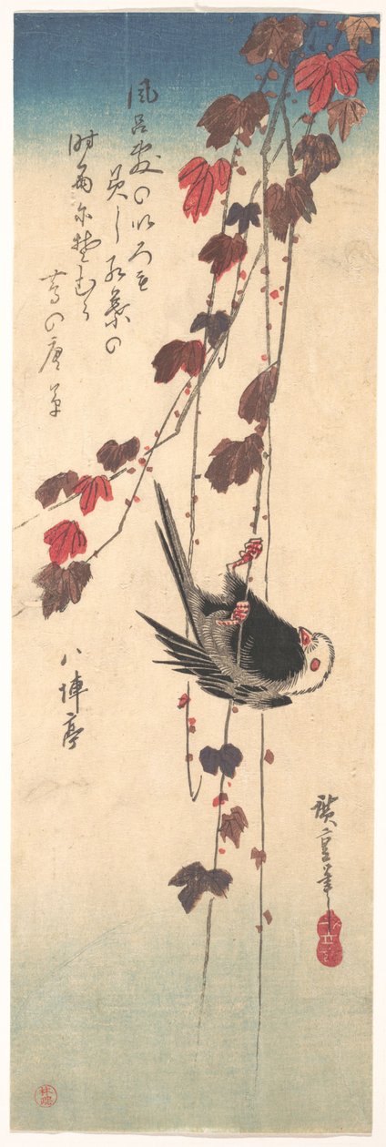 Sýkorka dlouhoocasá na podzimním břečťanu od Utagawa Hiroshige