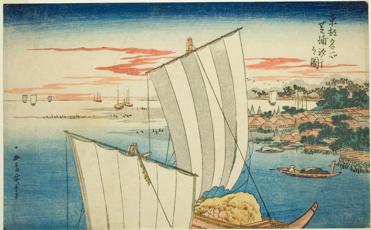 Odliv v Shibaura (Shibaura shiohi no zu), ze série "Slavné pohledy na východní Kapitol (Toto meisho)" od Utagawa Hiroshige