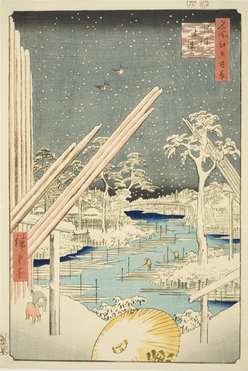 Um Bella rds ve Fukagawě (Fukagawa Kiba), ze série s ``Hřeben je již viditelný z Edo (Sto slavných pohledů na Edo)