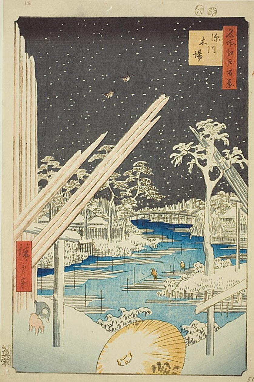 Dřevosklady ve Fukagawě (Fukagawa kiba), s tmavou oblohou, č. 106 ze série "Sto slavných pohledů na Edo (Meisho Edo hyakkei)". od Utagawa Hiroshige