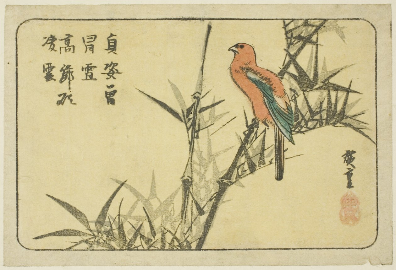 Papoušek a bambus od Utagawa Hiroshige