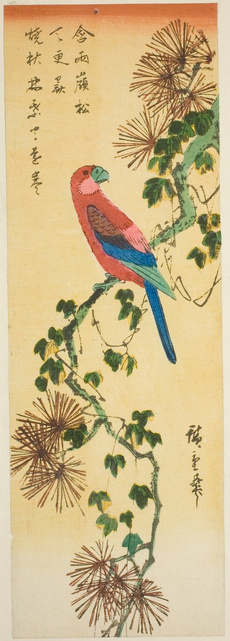 Makak na větvi borovice porostlé břečťanem od Utagawa Hiroshige