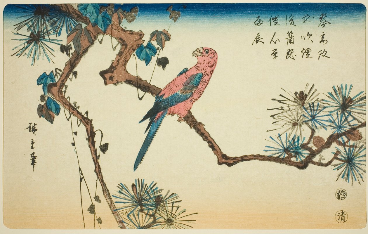 Ara na větvi borovice od Utagawa Hiroshige