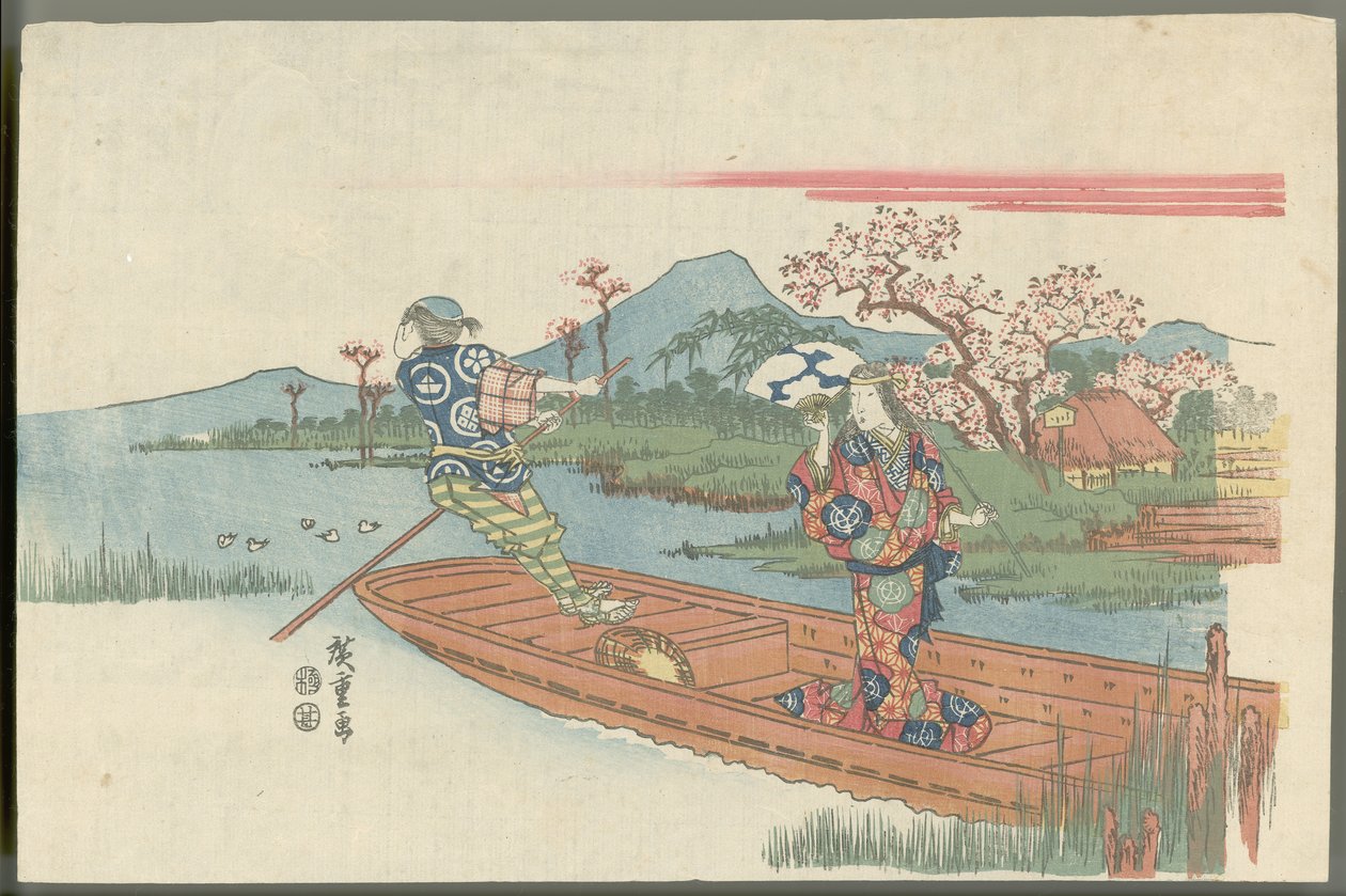 Šílená žena na přívozu poblíž chrámu Mokubōji (scéna ze hry nó Sumidagawa) od Utagawa Hiroshige