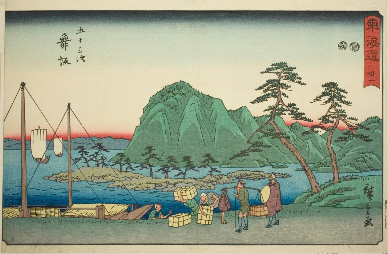 Maisaka – Ne. 31, ze série "Padesát tři stanic Tokaida (Tokaido gojusan tsugi)," také známé jako Reisho Tokaido od Utagawa Hiroshige