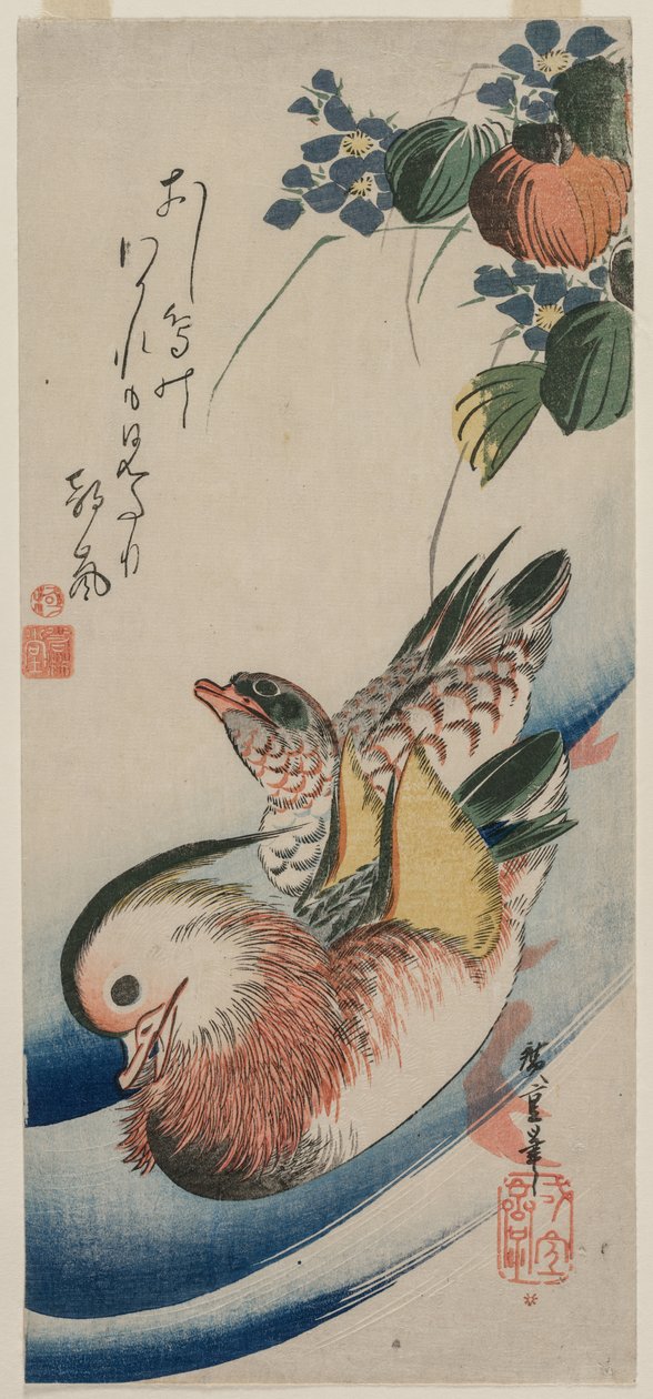 Kachny mandarínské a kvetoucí rostliny od Utagawa Hiroshige