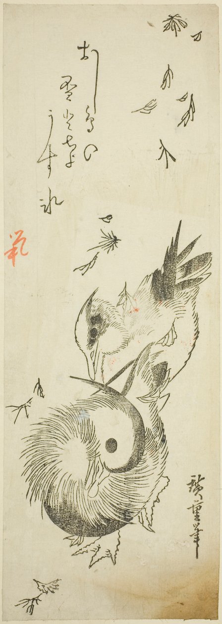 Mandarinské kachny překračující ledový rybník uprostřed padajícího listí od Utagawa Hiroshige