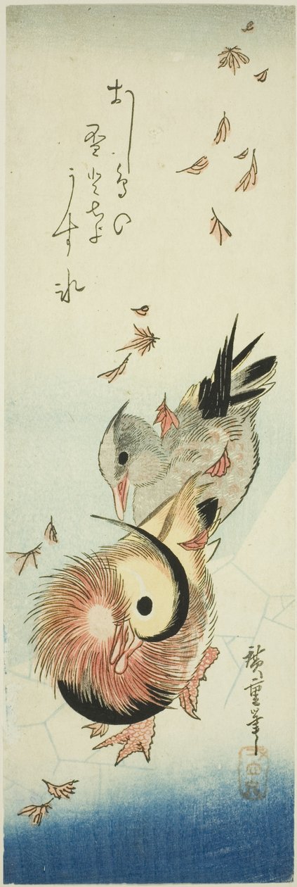 Mandarinské kachny překračující ledový rybník uprostřed padajícího listí od Utagawa Hiroshige