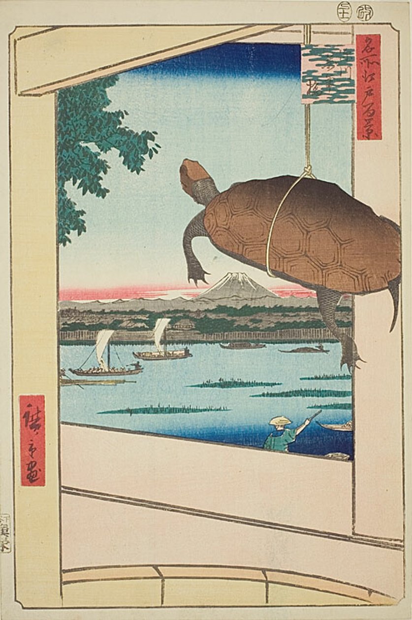Mannenův most, Fukagawa (Fukagawa Mannenbaši), č. 56 ze série "Sto slavných pohledů na Edo (Meisho Edo hyakkei)" od Utagawa Hiroshige