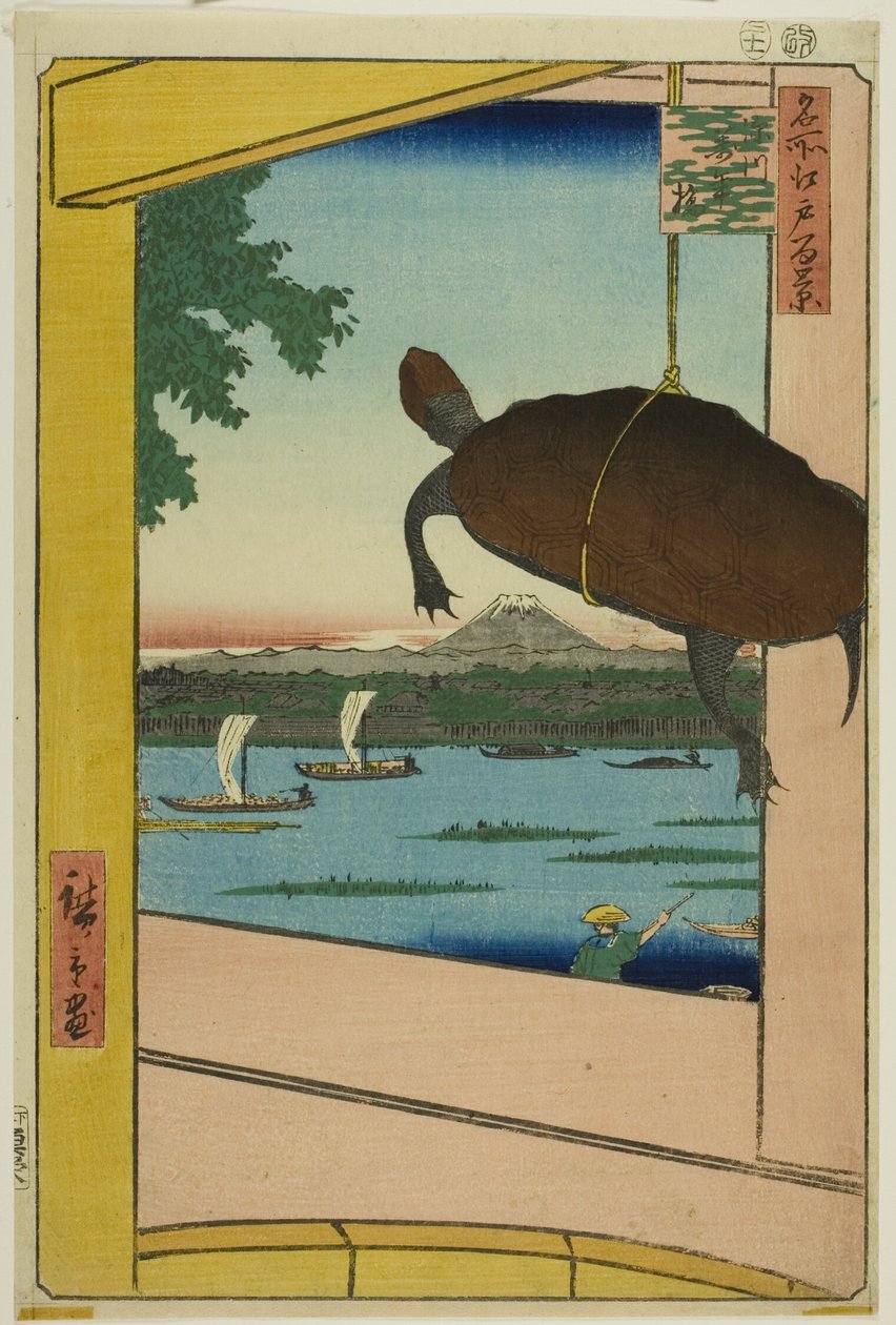 Mannenův most, Fukagawa (Fukagawa Mannenbaši), ze série "Sto slavných pohledů na Edo (Meisho Edo hyakkei)" od Utagawa Hiroshige