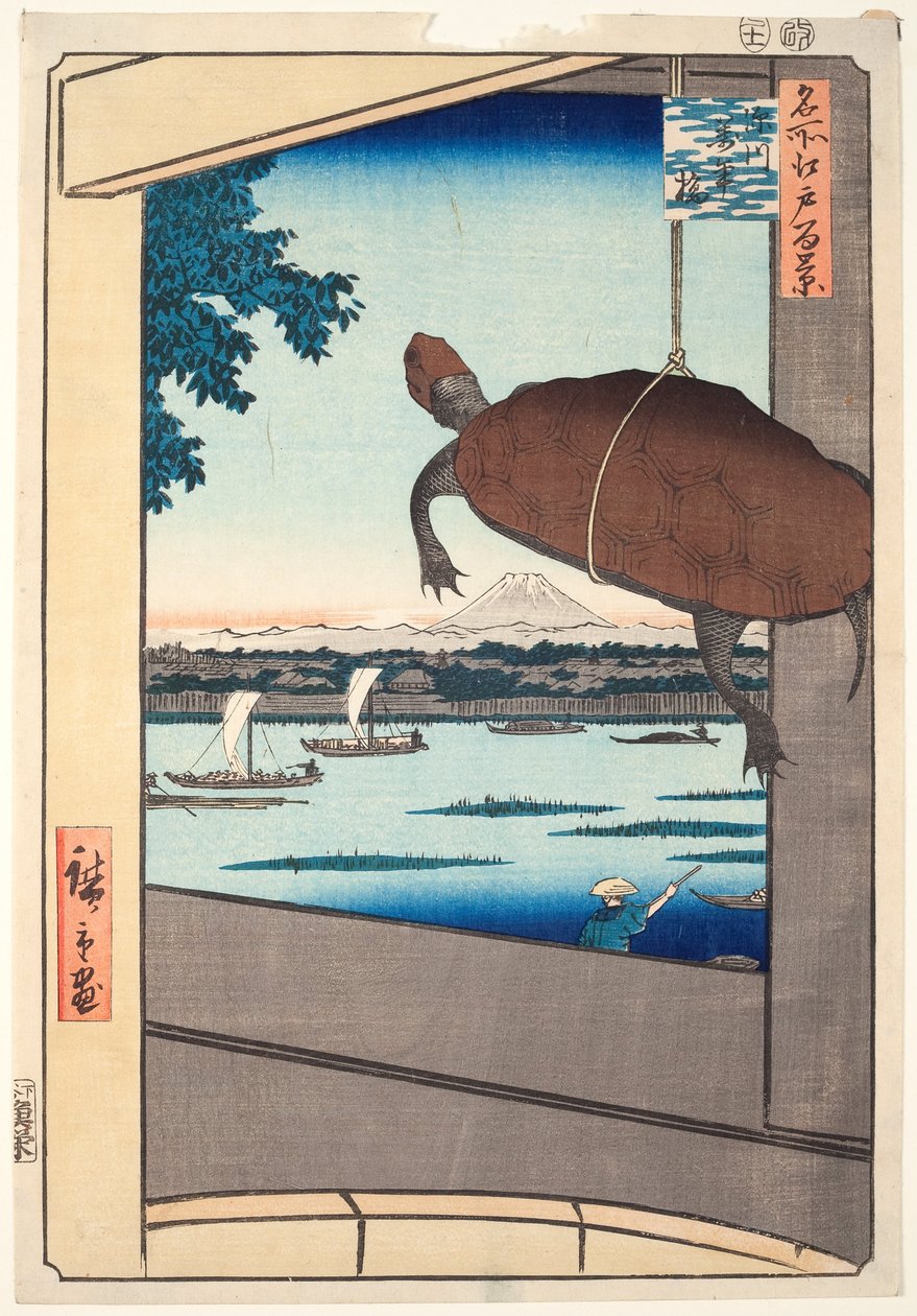Mannenův most, Fukagawa, ze série "Sto slavných pohledů na Edo" od Utagawa Hiroshige