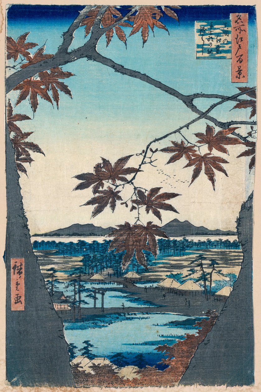 Javorové listy a svatyně a most Tekona u Mama, 1856-1858. od Utagawa Hiroshige