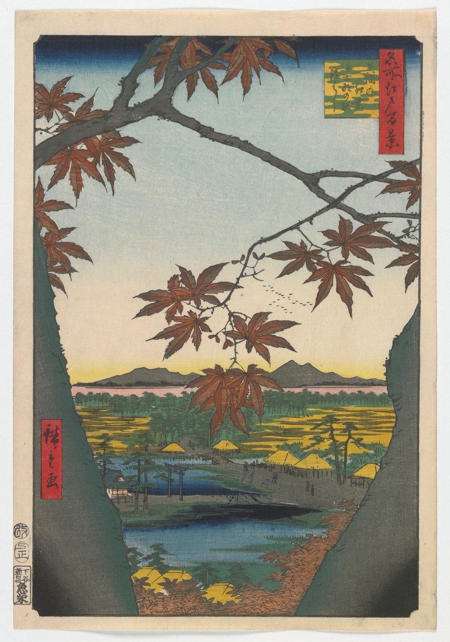 Maple Trees at Mama, Tekona Shrine and Linked Bridge, Edo period, 1857 (barevný dřevotisk) od Utagawa Hiroshige
