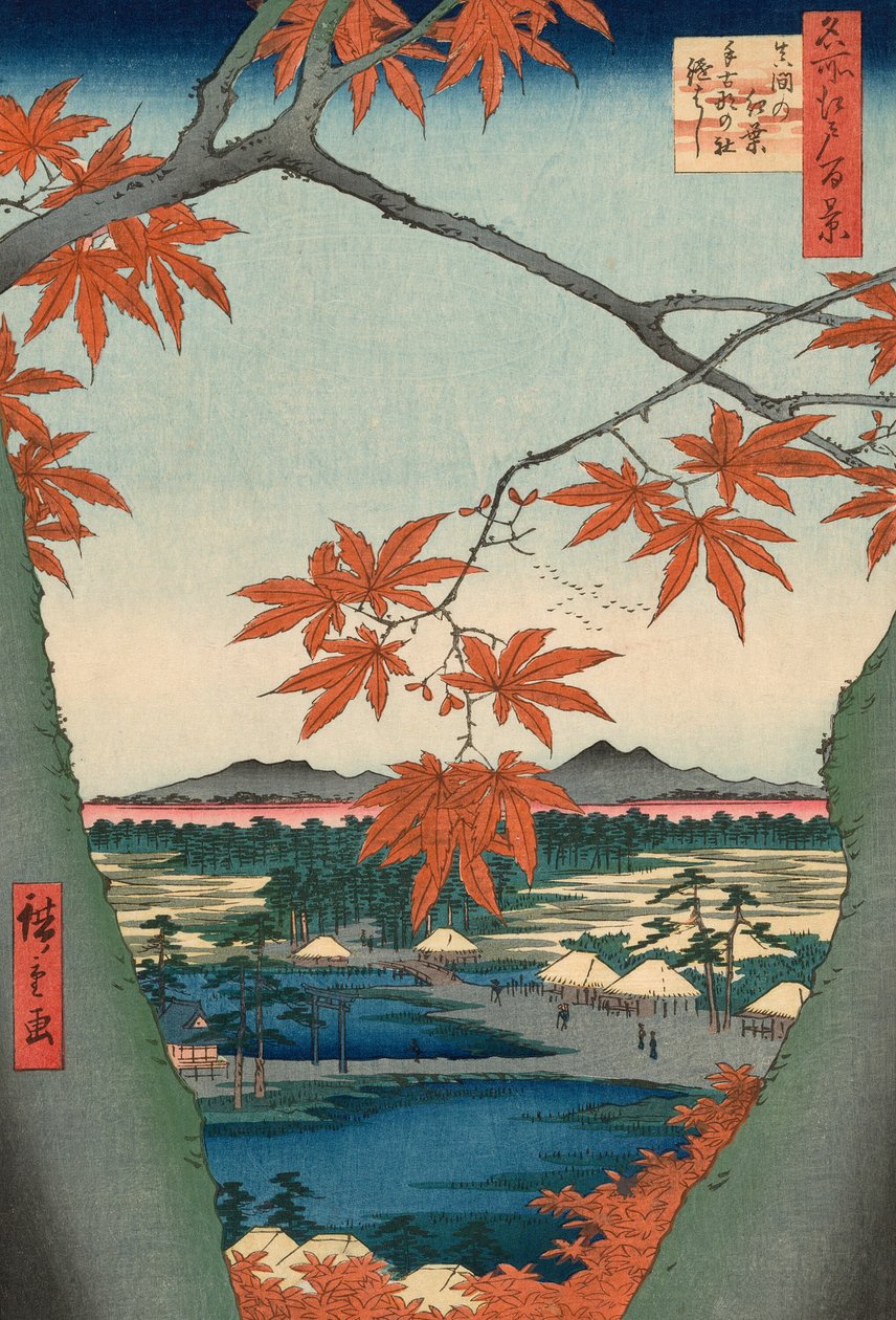 Javory u Mama, svatyně Tekona a most Tsugi (Mama no momiji, Tekona no yashiro, Tsugihashi), ze série „Sto slavných pohledů na Edo (Meisho Edo hyakkei)“ od Utagawa Hiroshige