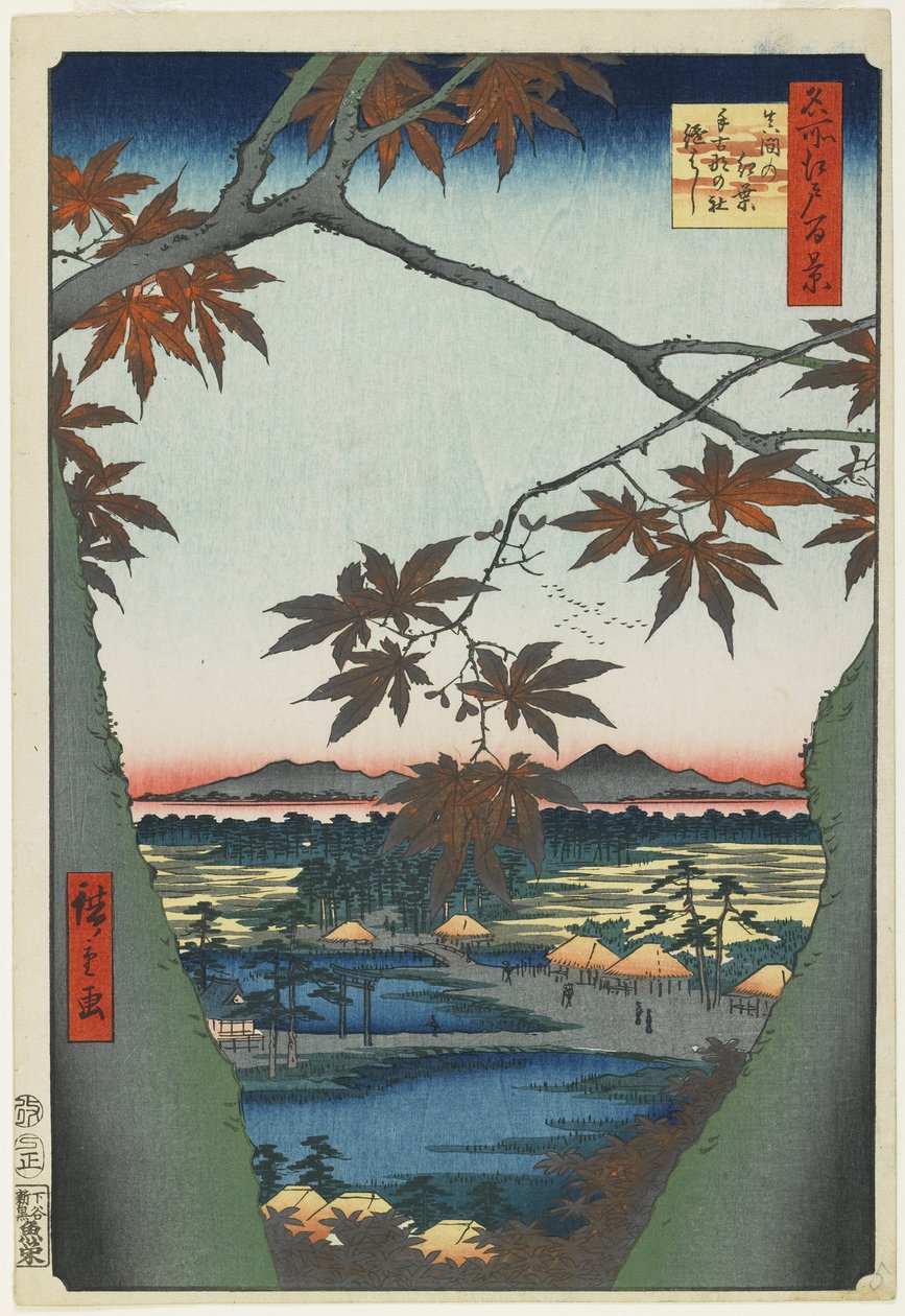 Javory u maminky s výhledem na svatyni Tekona a most, leden 1857 od Utagawa Hiroshige
