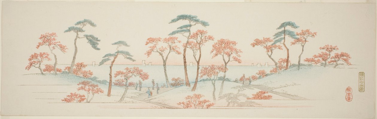 Javory v chrámu Kaianji (Kaianji koyo), z nepojmenované série slavných pohledů na předměstí Edo od Utagawa Hiroshige