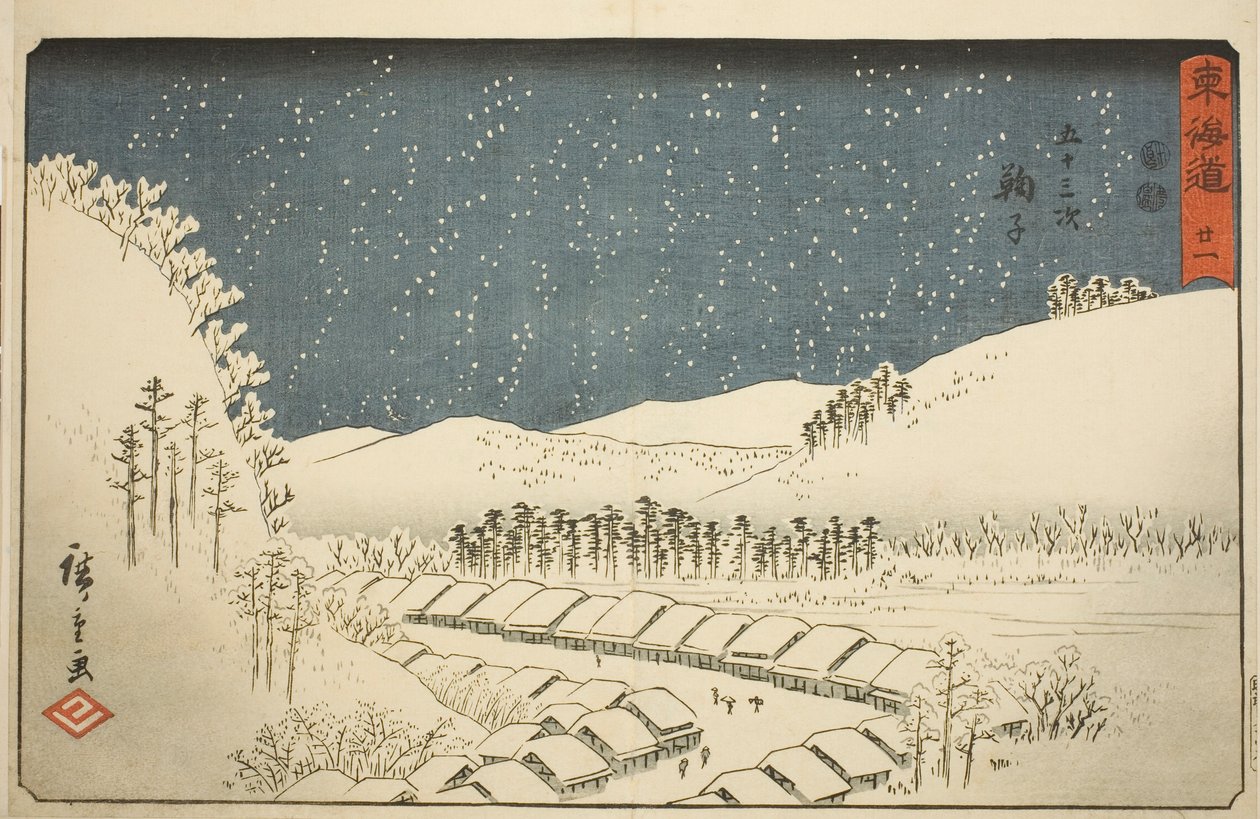 Mariko – Ne. 21, ze série "Padesát tři stanic Tokaida (Tokaido gojusan tsugi)," také známé jako Reisho Tokaido od Utagawa Hiroshige