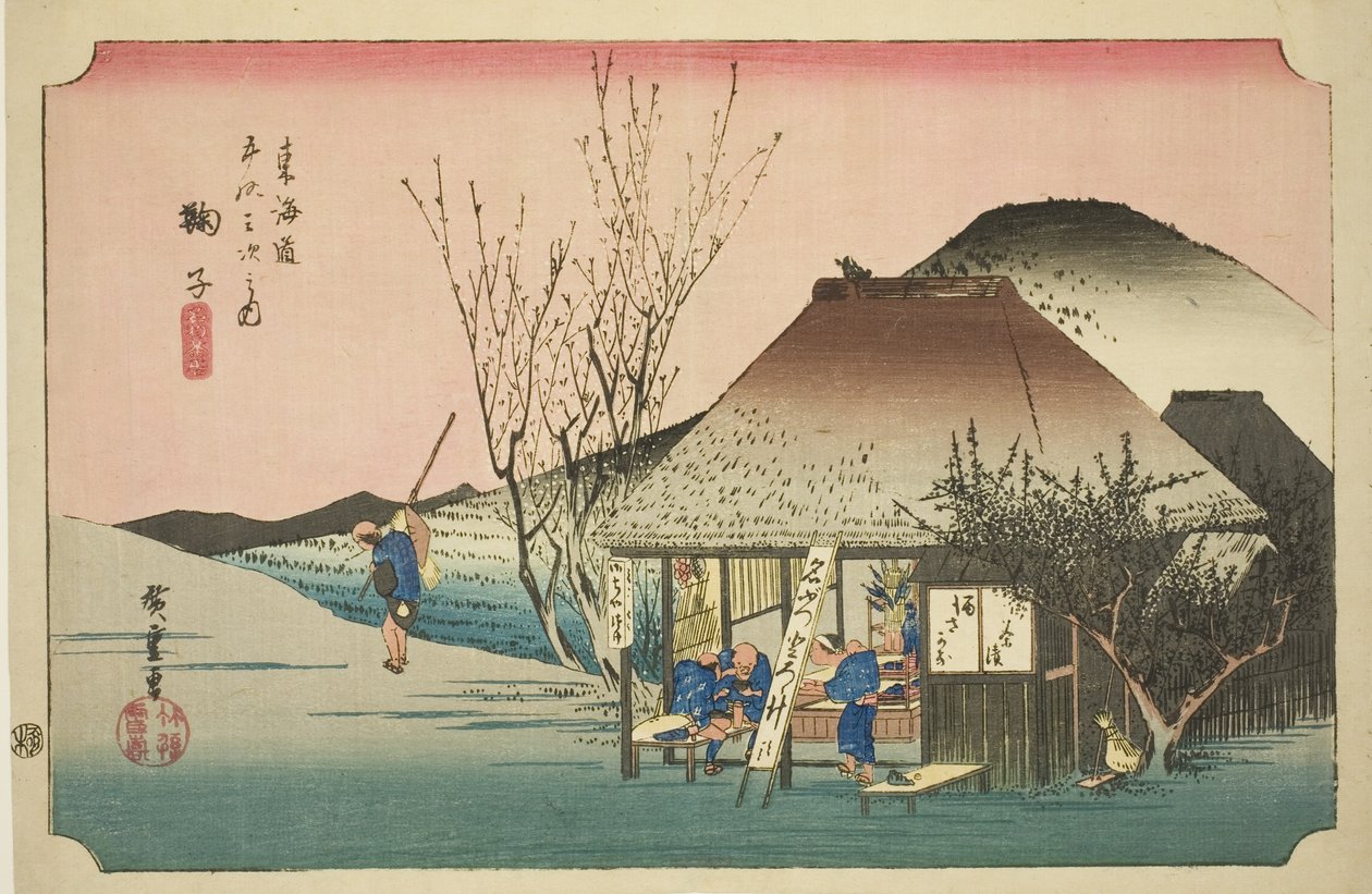 Mariko: Slavná čajovna (Mariko, meibutsu chamise), ze série „Padesát tři stanic tokaidské silnice (Tokaido gojusan tsugi no uchi), také známá jako Hoeido Tokaido od Utagawa Hiroshige