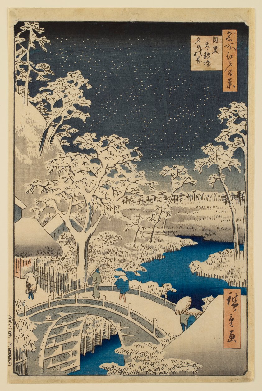 Bubnový most v Meguru a Kopec zapadajícího slunce, ze série „Sto slavných pohledů na Edo“ od Utagawa Hiroshige