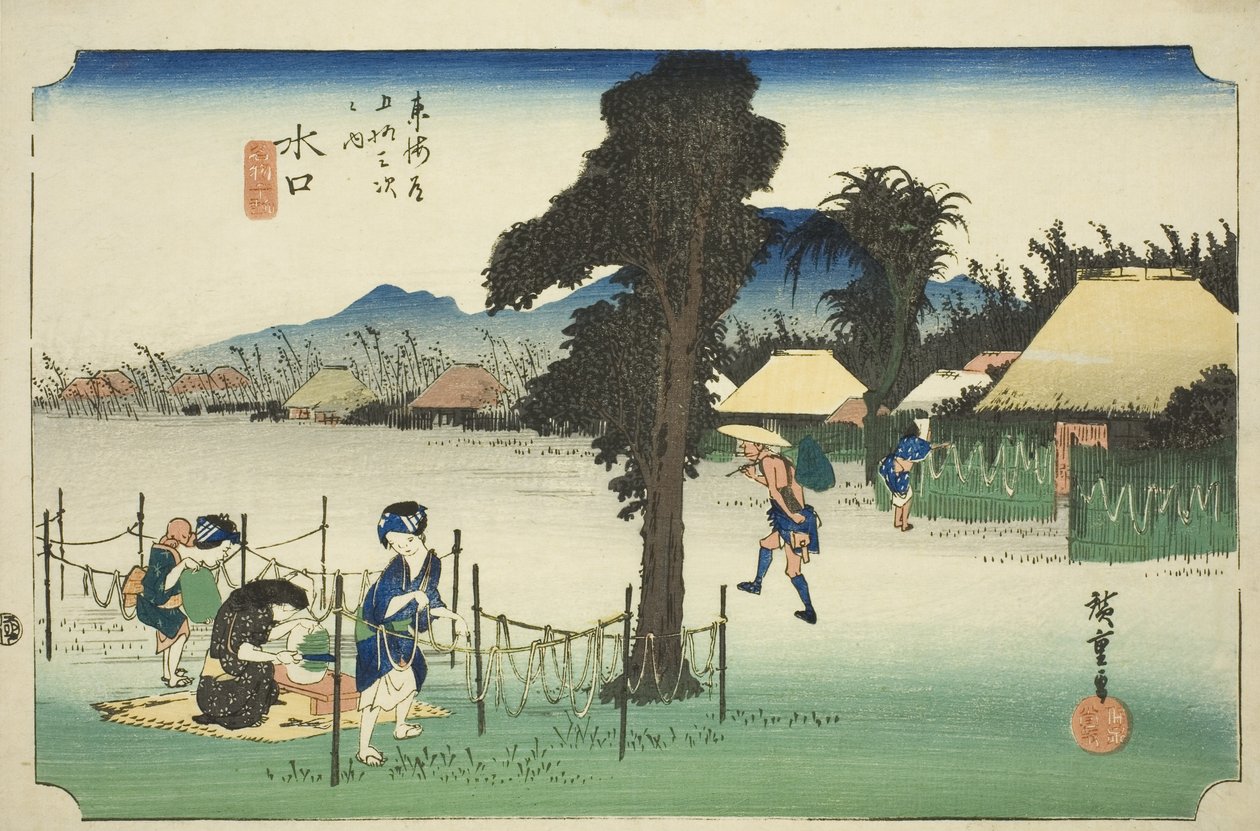 Minakuchi: Sušené tykevové hobliny, místní specialita (Minakuchi, meibutsu kanpyo), ze série „Padesát tři zastávek Tokaida (Tokaido gojusan tsugi no uchi), známé také jako Hoeido Tokaido od Utagawa Hiroshige