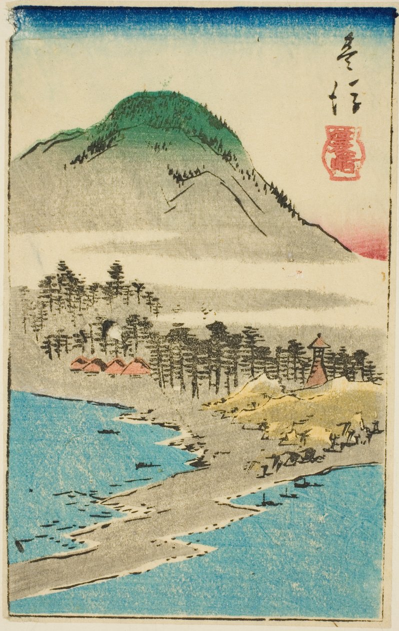 Minosaki v provincii Bungo (Bungo, Minosaki), část listu č. 17 ze série "Vystřižené obrázky provincií (Kunizukushi harimaze zue)" od Utagawa Hiroshige
